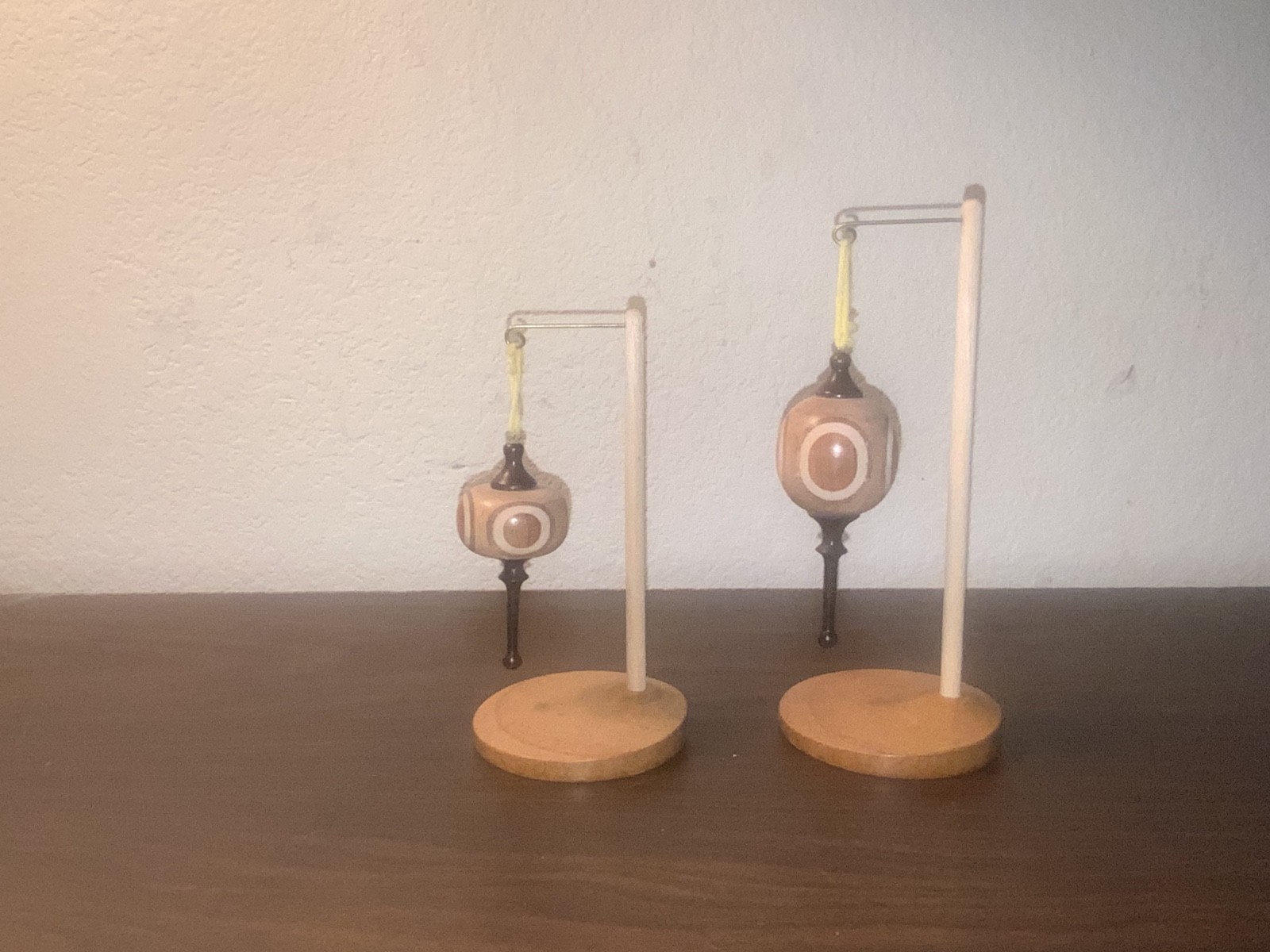 Pair Hand Turned Segmented Wood Christmas Ornaments Finials Stands Folk