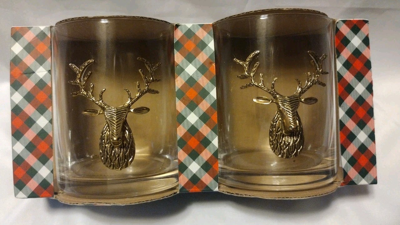 North Pole South 2 Cocktail 12 Oz Glasses Double Old Fashioned Deer Holiday HB