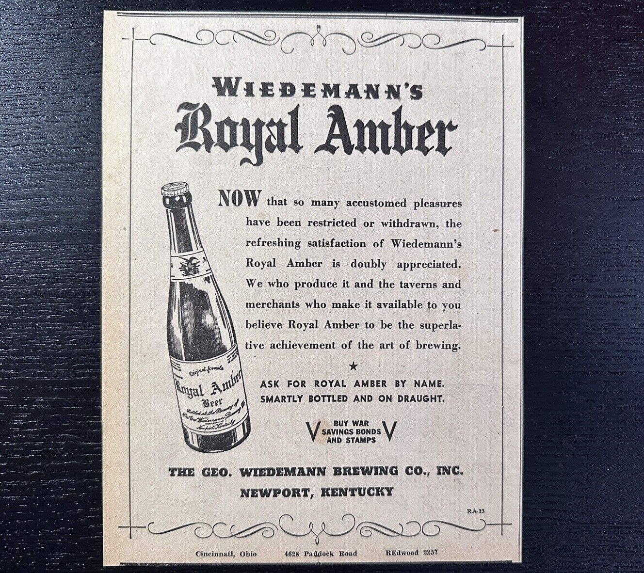 1943 Wiedemann Brewing Co Beer Royal Amber Newspaper Ad WWII WW2 Newport KY