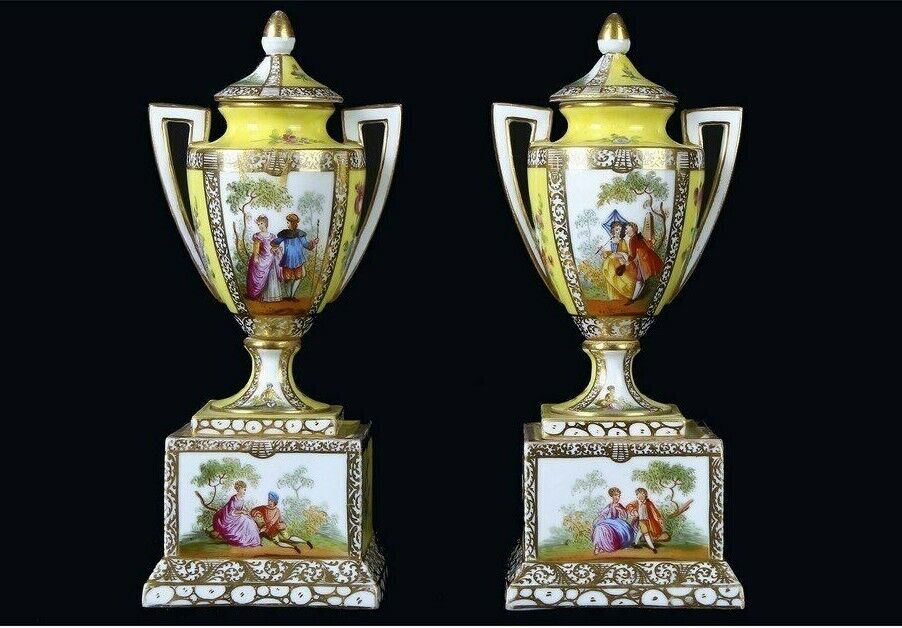 Antique Pair Small Porcelain Amphora Vases Lids Dresden Gild Germany Rare 19th
