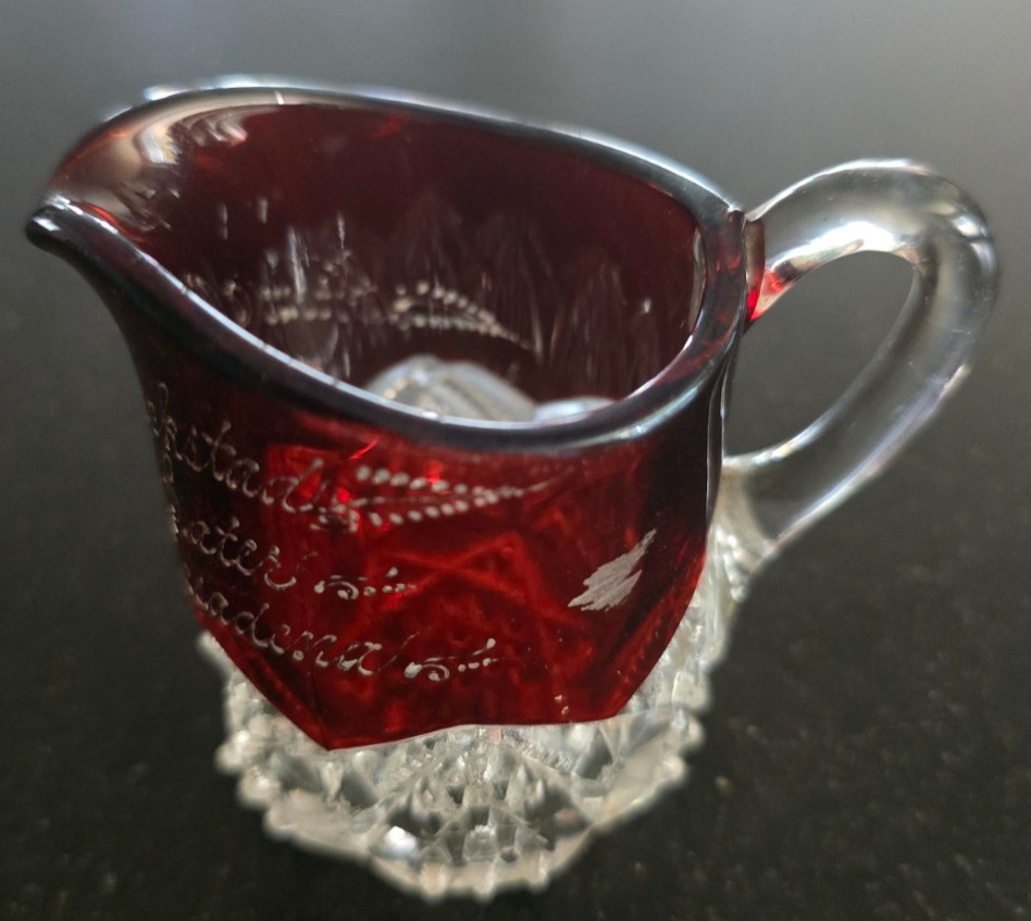 Vintage Souvenir Ruby Flashed Cream Pitcher, Etched, Pasadena, California