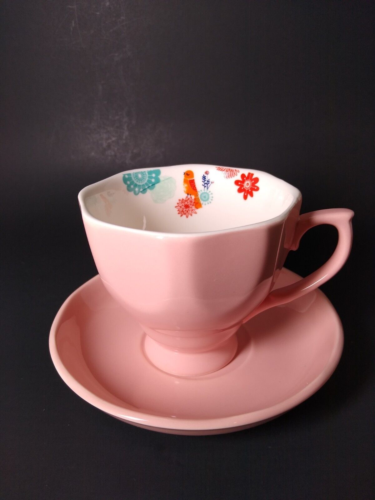 Chumbak India Coffee Tea Cup And Saucer Set Pink W/Birds & Flowers