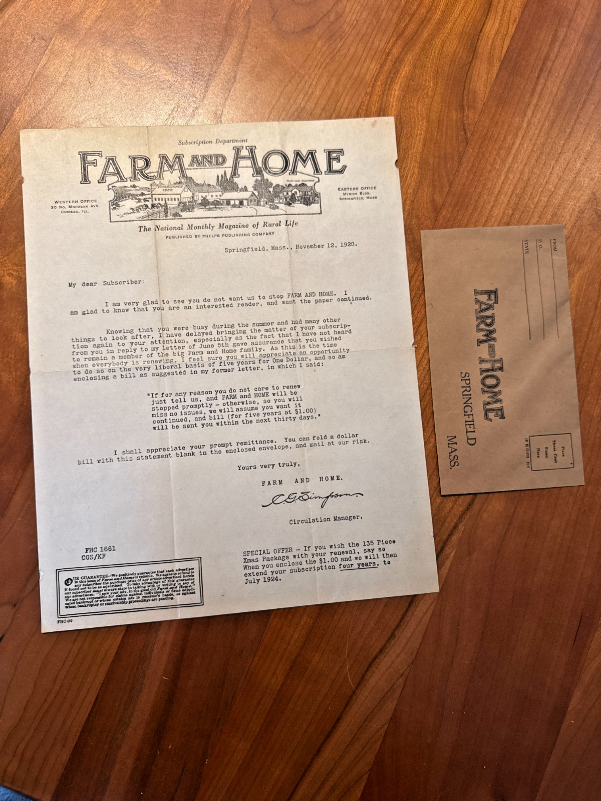 FREE SHIP 1920 Farm and Home Subscription Letter and Original Envelope
