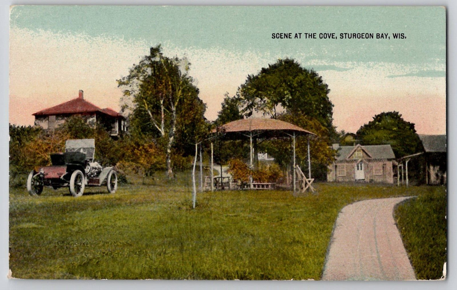 Sturgeon Bay Wisconsin Scene at the COVE Old Car Roadster WI Postcard c1910's
