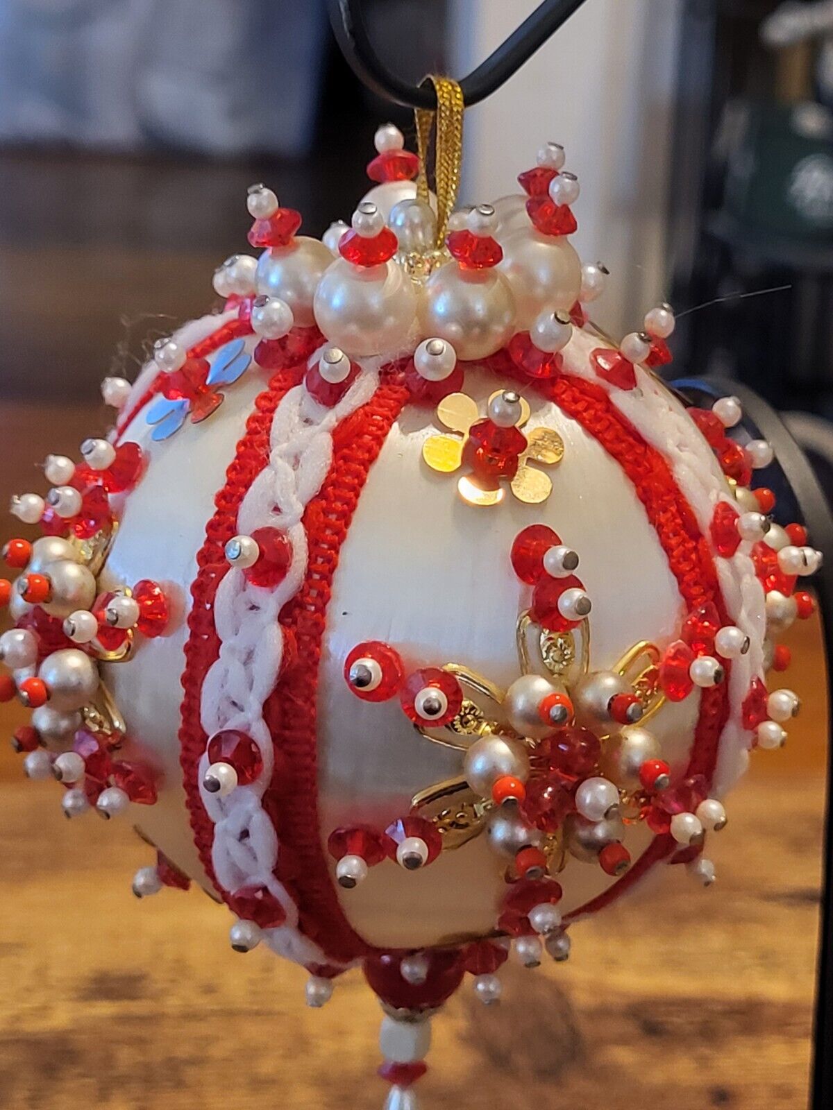 Vintage Red Beaded Sequined Christmas Ornament