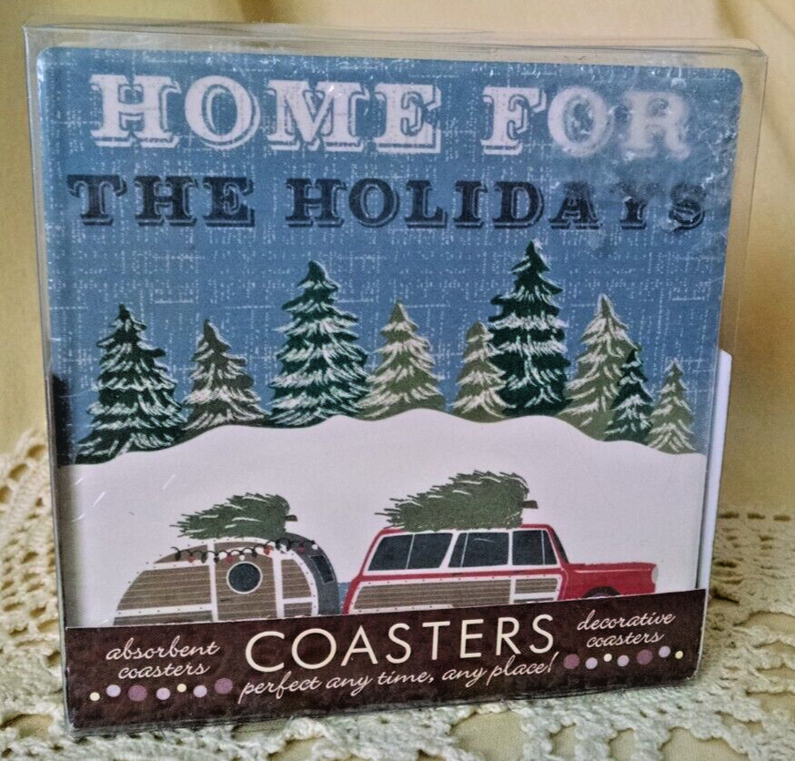 CHRISTMAS COASTERS SET 4 NEW THIRSTYSTONE OCCASIONS HOME FOR HOLIDAYS CAMPER.