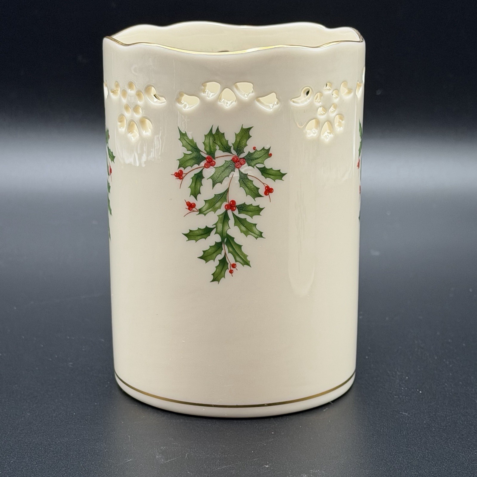 Lenox Holiday Collection Large Pillar Pierced Candle Holder Holly Berry 5 5/8”
