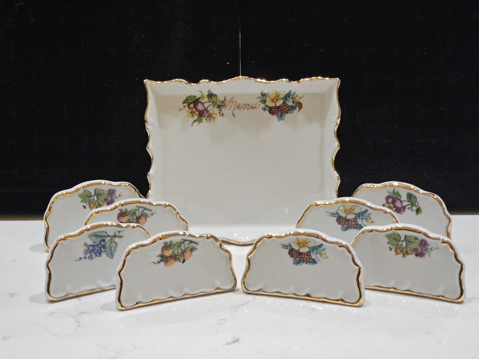 Vintage Floral Porcelain Menu Holder & 8 Place Card Holders Complete Set 