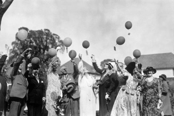 Guests at National Theatre Garden Party releasing balloons at star- Old Photo