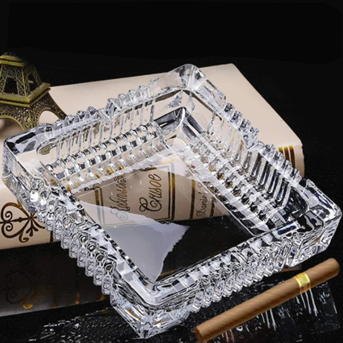 Vintage Cigar Ashtray Cut Glass Tobacciana Heavy Diamond Cut Art Glass Ashtra