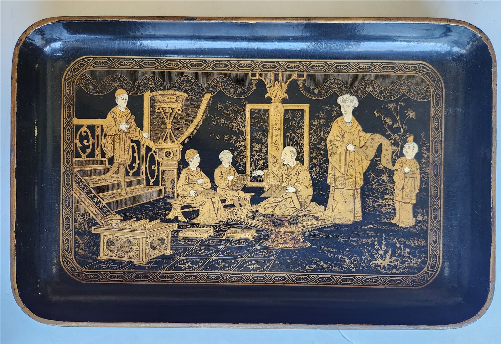 1890s ANTIQUE JAPANESE PAPER - MACHE TRAY Hand painted with art school scene