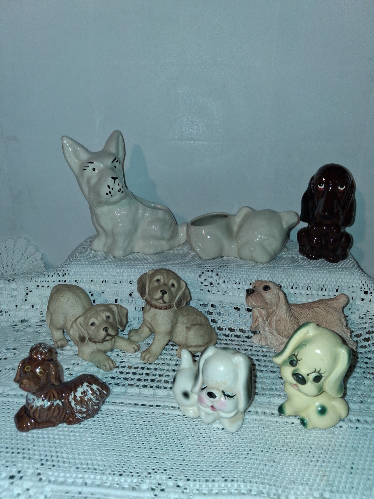 Vintage Dog Figurine Lot of 9 Ceramic Porcelain Puppy Figures Planter Collect