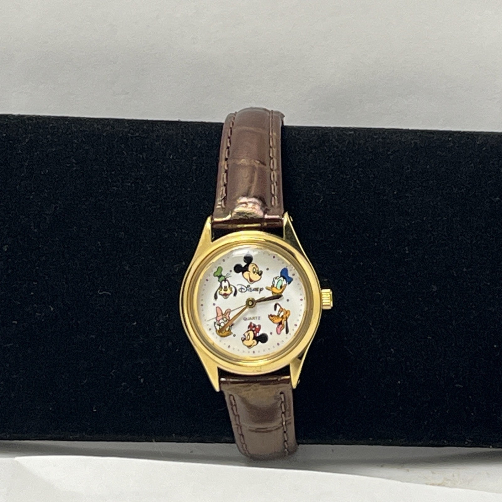 Vintage 1990s Disney Character Watch Brown Genuine Leather Band Mickey Goofy Etc