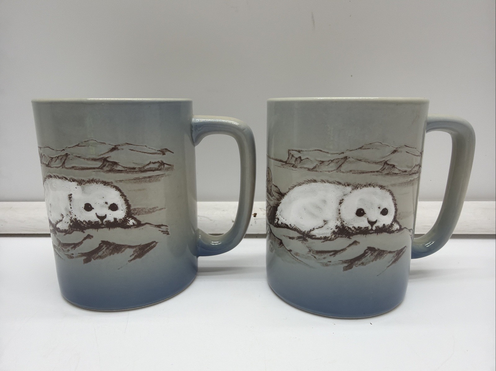 Vintage Otagiri Style Stoneware Mugs Baby Seal Ocean Coffee Cup Set Of 2