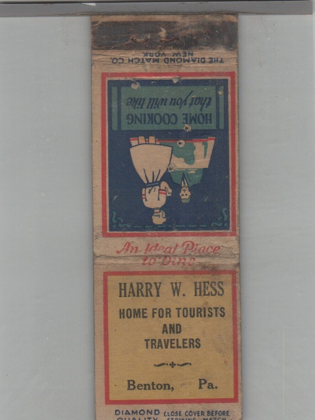 Matchbook Cover 1930s Diamond Quality Harry. W. Hess Tourist Home Benton, PA