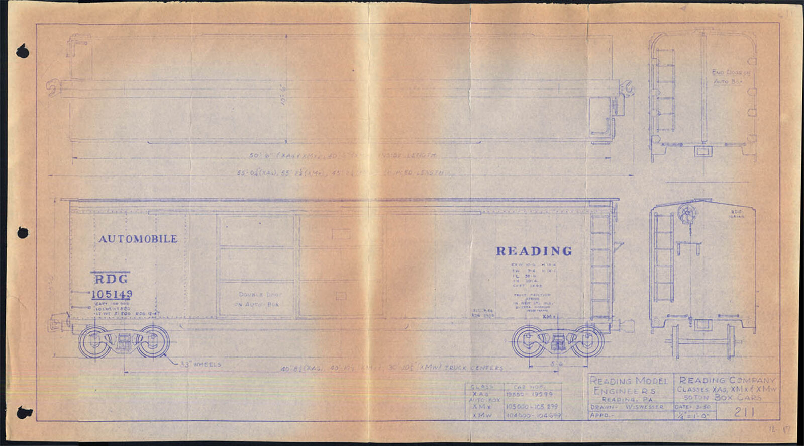 Reading RR Model Engineers 50-ton Box Car blueprint 1950 w/ docs