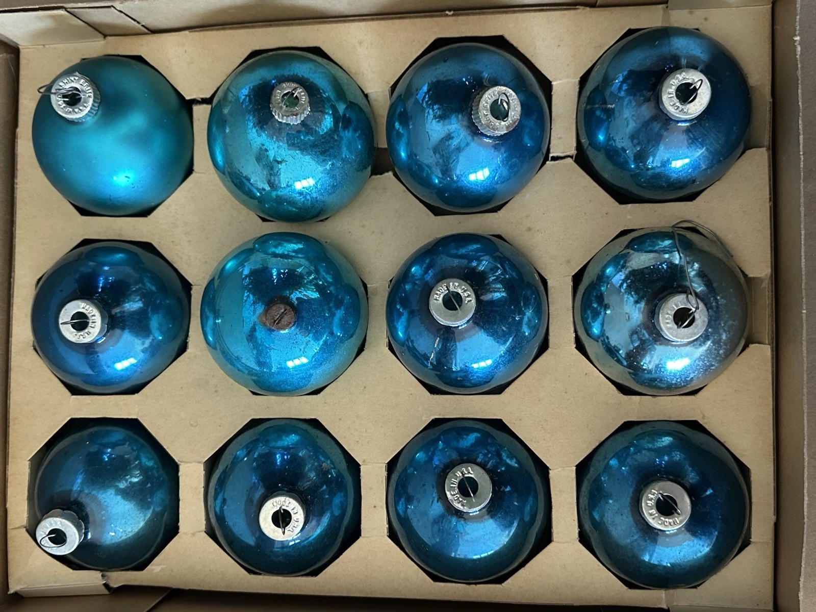 Vintage Shiny Brite Blue Glass Christmas Ornaments 12 Pc Set Original Box USA