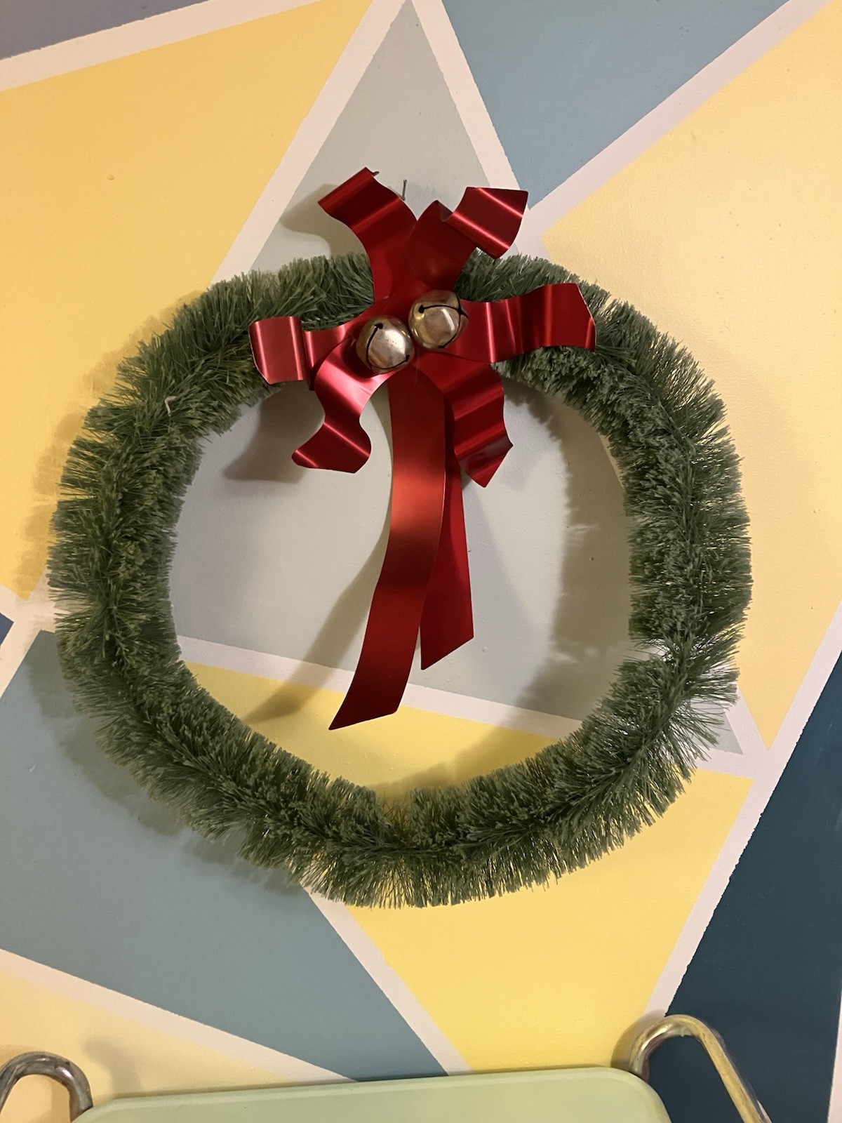 Vintage LARGE Bottle Brush Christmas Wreath With Red Metal Bow