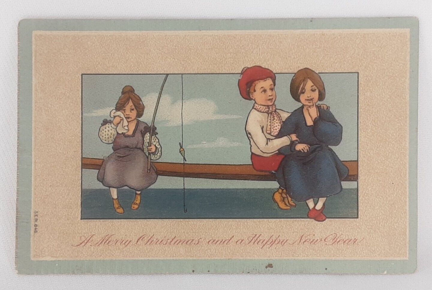 Christmas Post Card Embossed Couple & Third Wheel Fishing Unposted