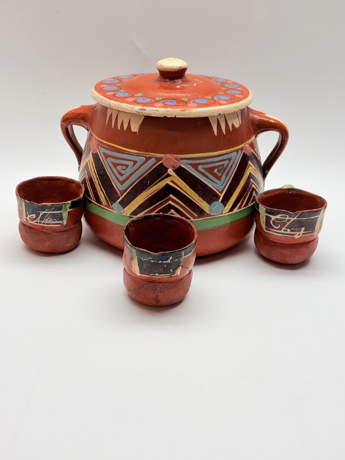 Vintage Red Mexican Clay TerraCotta Punch Pot Set Hand Painted Lid 3 Cups Signed