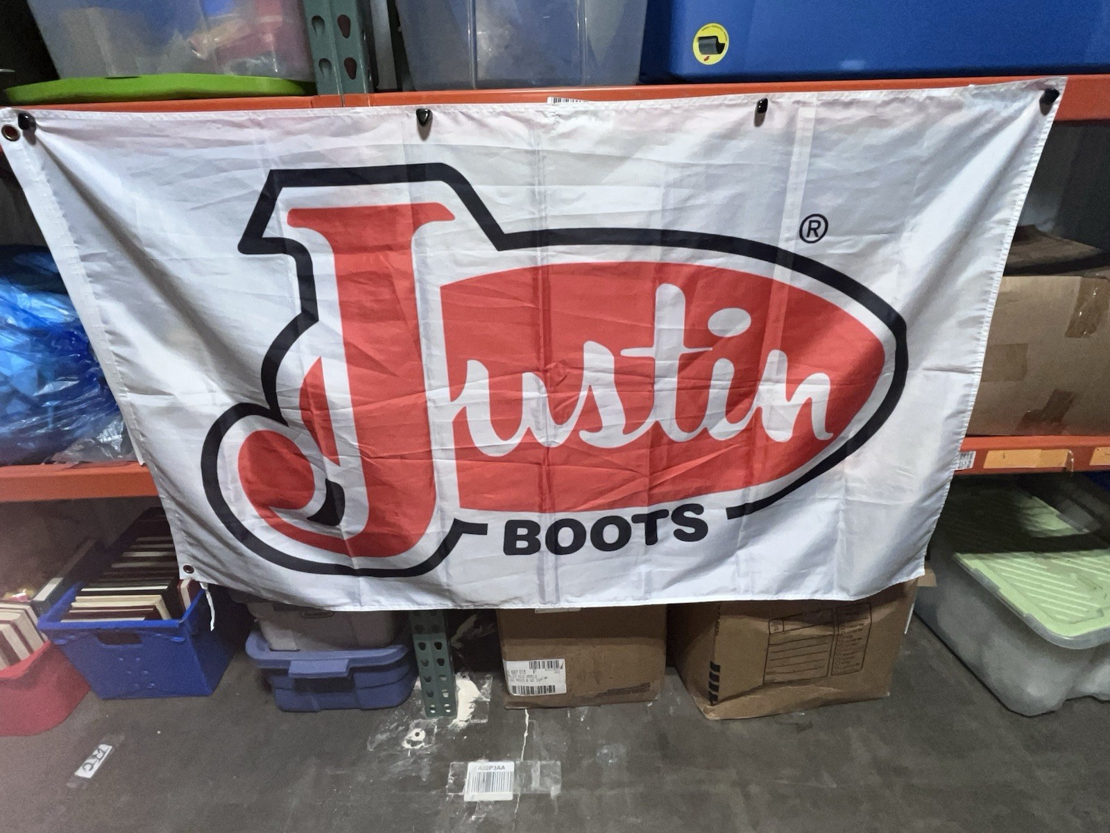 Rare Justin Boots White Banner Flag (61”L x 35”T) Advertisement Rare Justin Boots White Banner Flag (61”L x 35”T) Advertisement