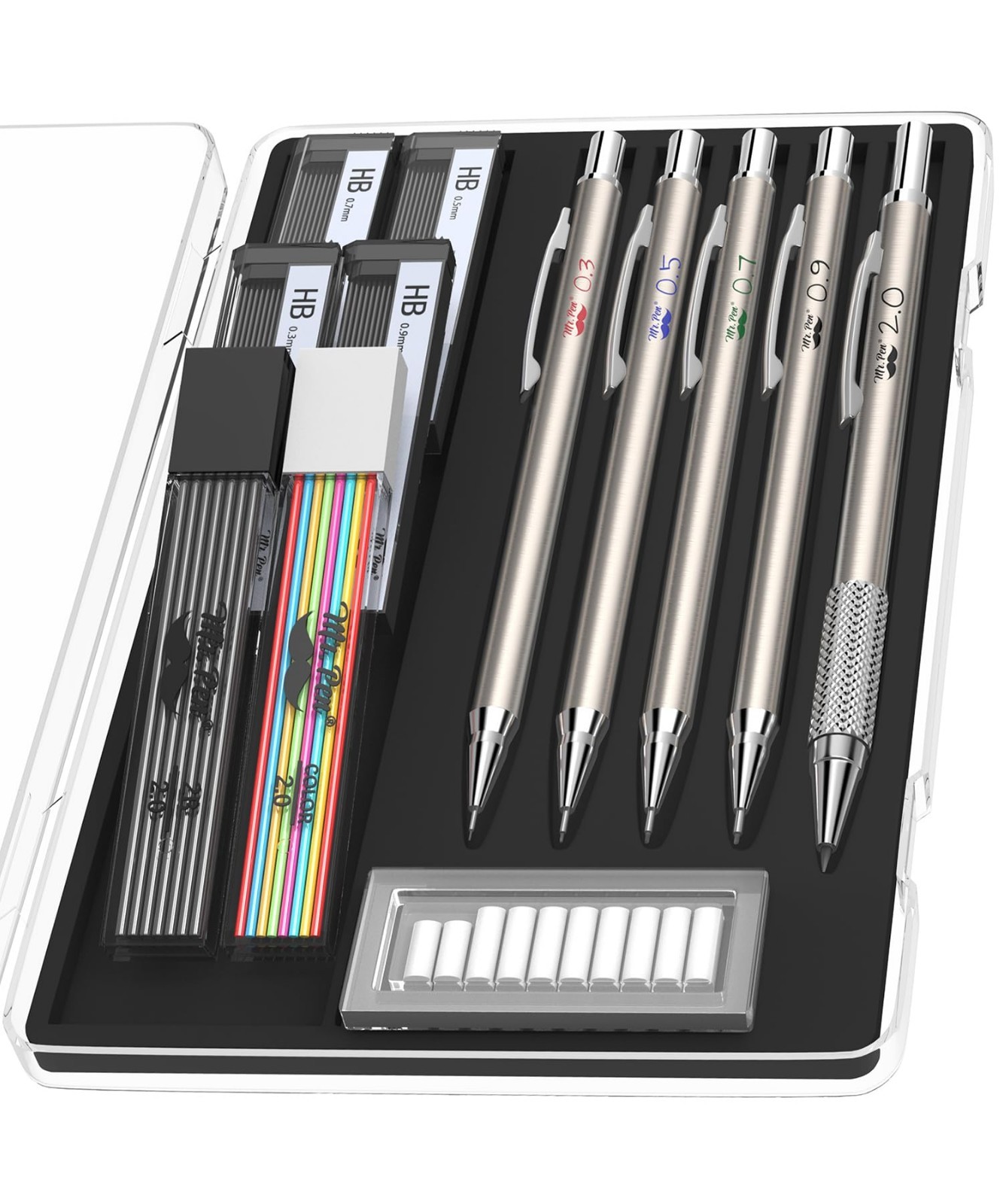 - Metal Mechanical Pencil Set with Lead and Eraser Refills, 5 Sizes