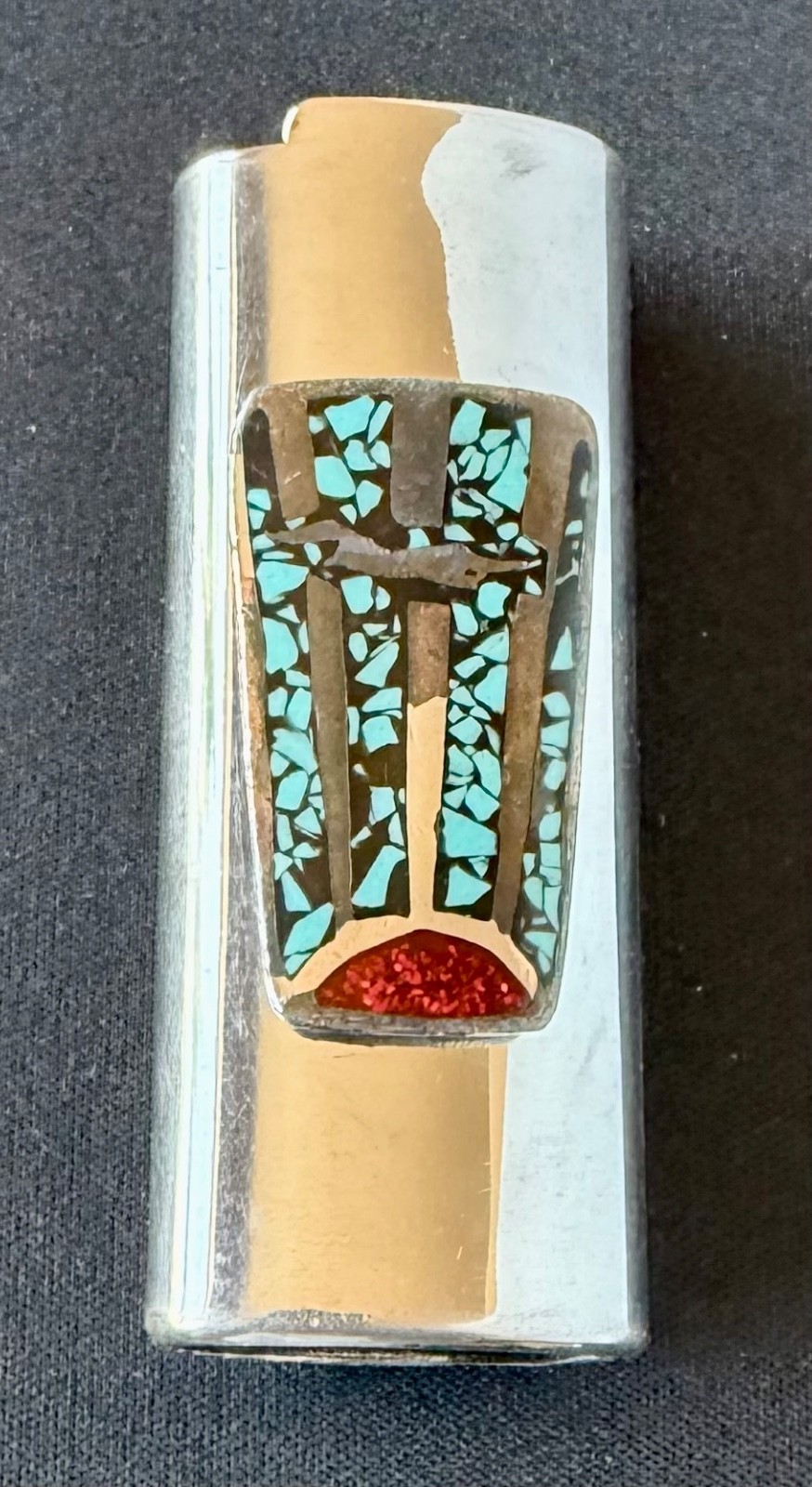 Vintage Southwestern Style Bic Lighter Case Turquoise Chip Inlay Chrome Sleeve