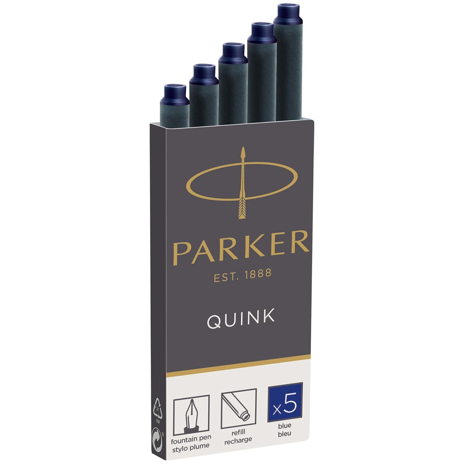 Fountain Pen Refill Box of 5 Parker Quink 1950382 Ink Cartridges for Universal