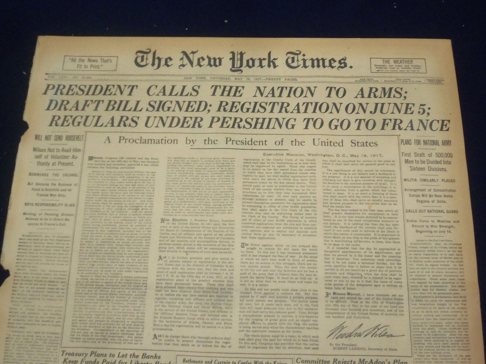 1917 MAY 19 NEW YORK TIMES - PRESIDENT CALLS THE NATION TO ARMS - NT 9154