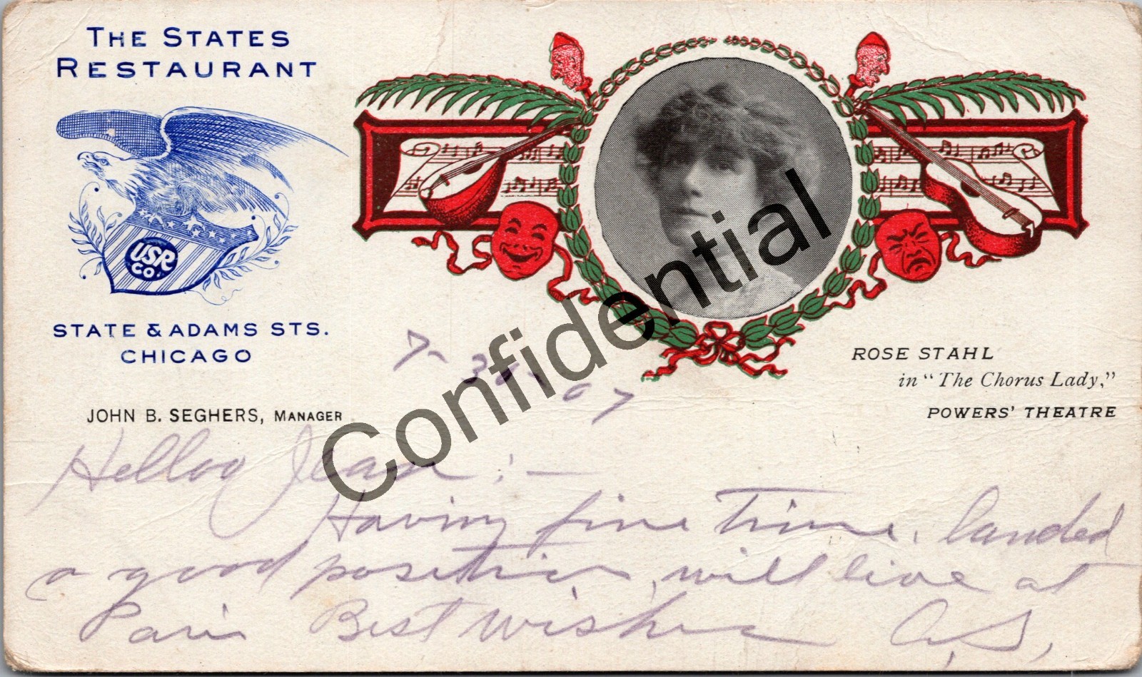 1907 The States Restaurant Chicago IL w/ Power\'s Theatre Actress Rose Stahl Y502