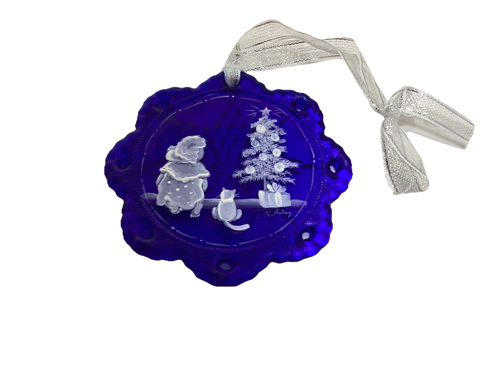 Fenton Cobalt Blue Glass Mary Gregory Kitty Hand Painted Ornament #2477/2500