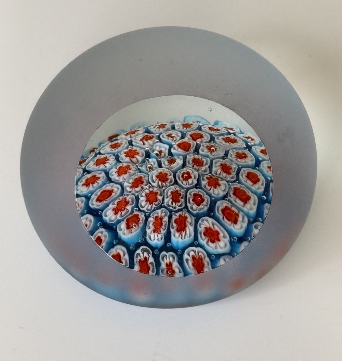 Millefiori Murano Italy Art Glass Floral Blue/Red/White Paperweight