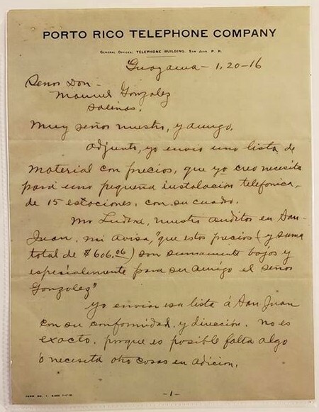 ANTIQUE 2 PAGE LETTER / PORTO RICO TELEPHONE COMPANY / PUERTO RICO 1916