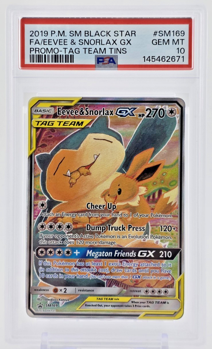 PSA 10 2019 EEVEE & SNORLAX GX POKEMON CARD HOLO BLACK STAR PROMO TAG TEAM SM169