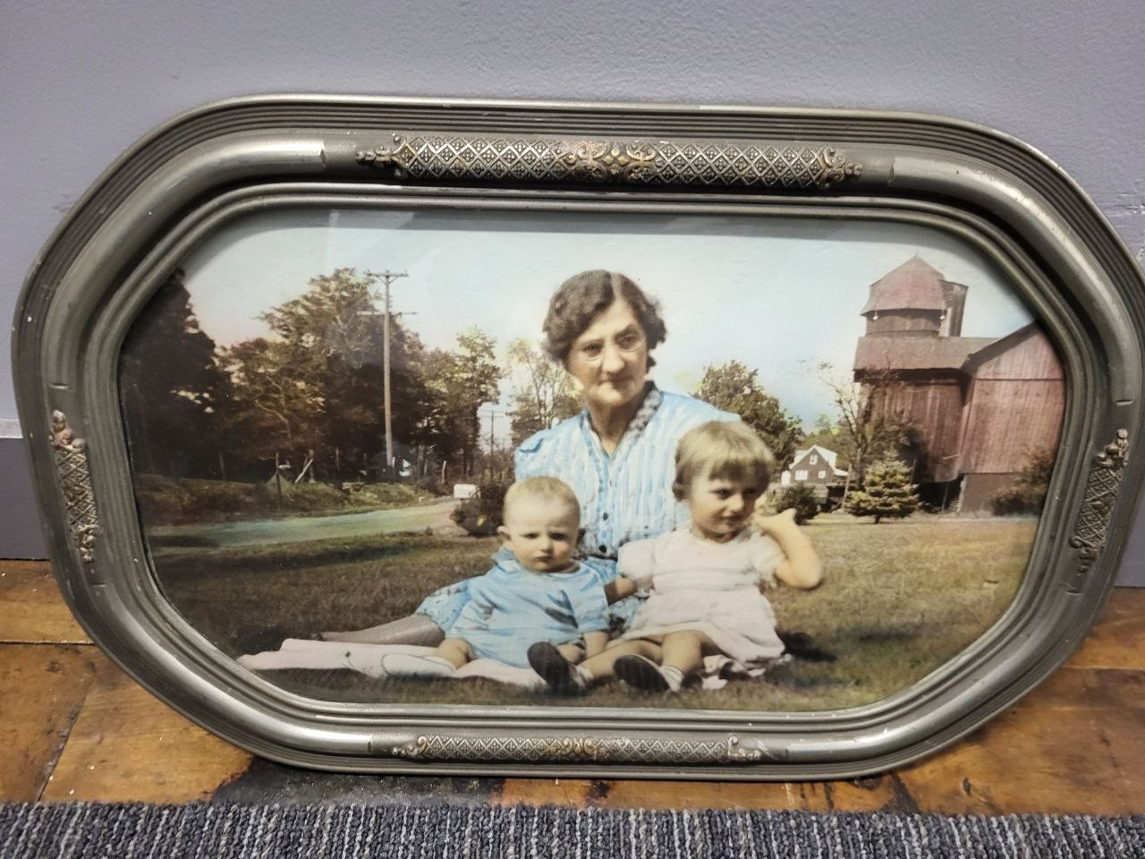 Antique 1940s Family Photo Photograph Woman and 2 children framed