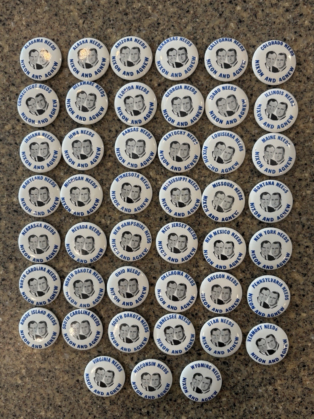 Huge Lot 46 Different States- Nixon And Agnew 1968 Campaign Pins/Buttons Huge Lot 46 Different States- Nixon And Agnew 1968 Campaign Pins/Buttons
