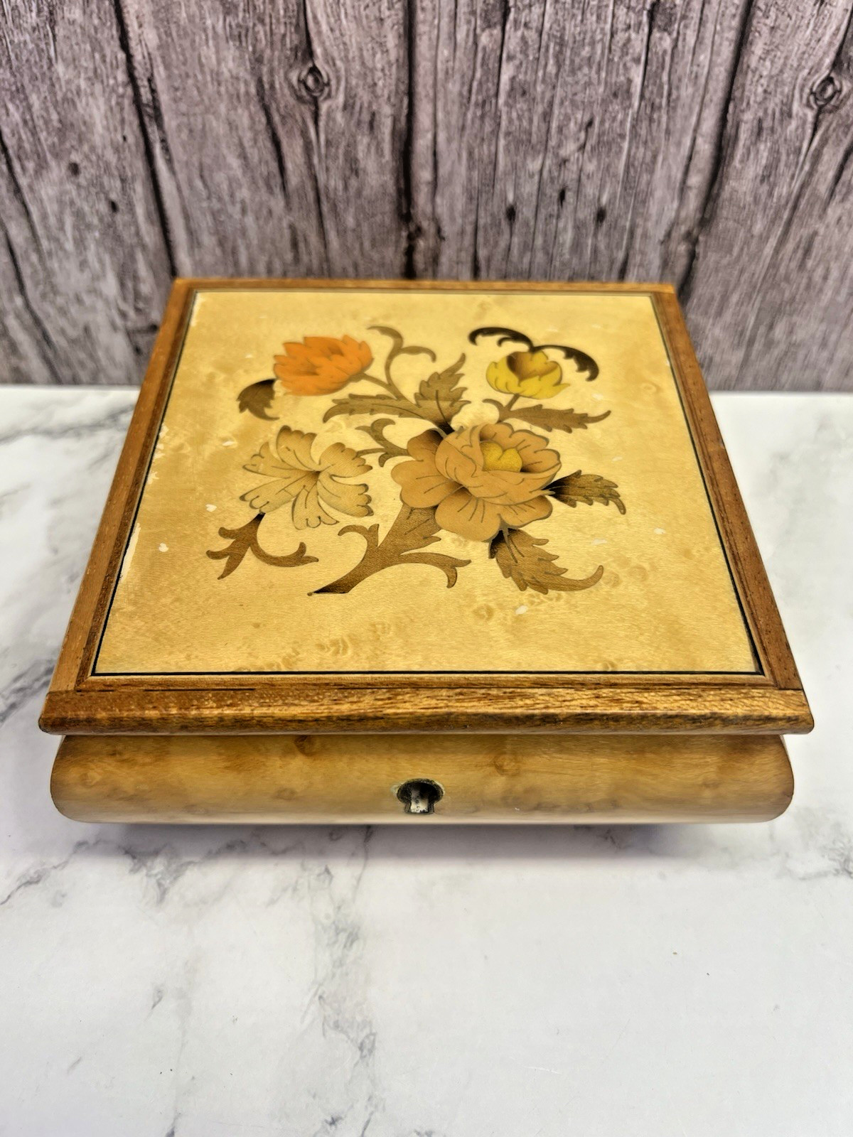 Vtg Italy Wood Music Jewelry Box Reuge Swiss Movement Floral NO KEY - WORKS Vtg Italy Wood Music Jewelry Box Reuge Swiss Movement Floral NO KEY - WORKS