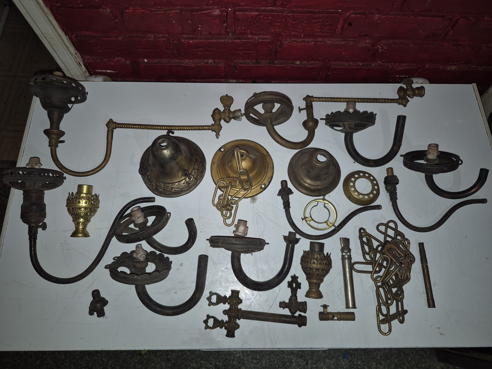 Antique Brass Gas Lamp Parts lot VALVES NOZZLES SCONCES ARMS