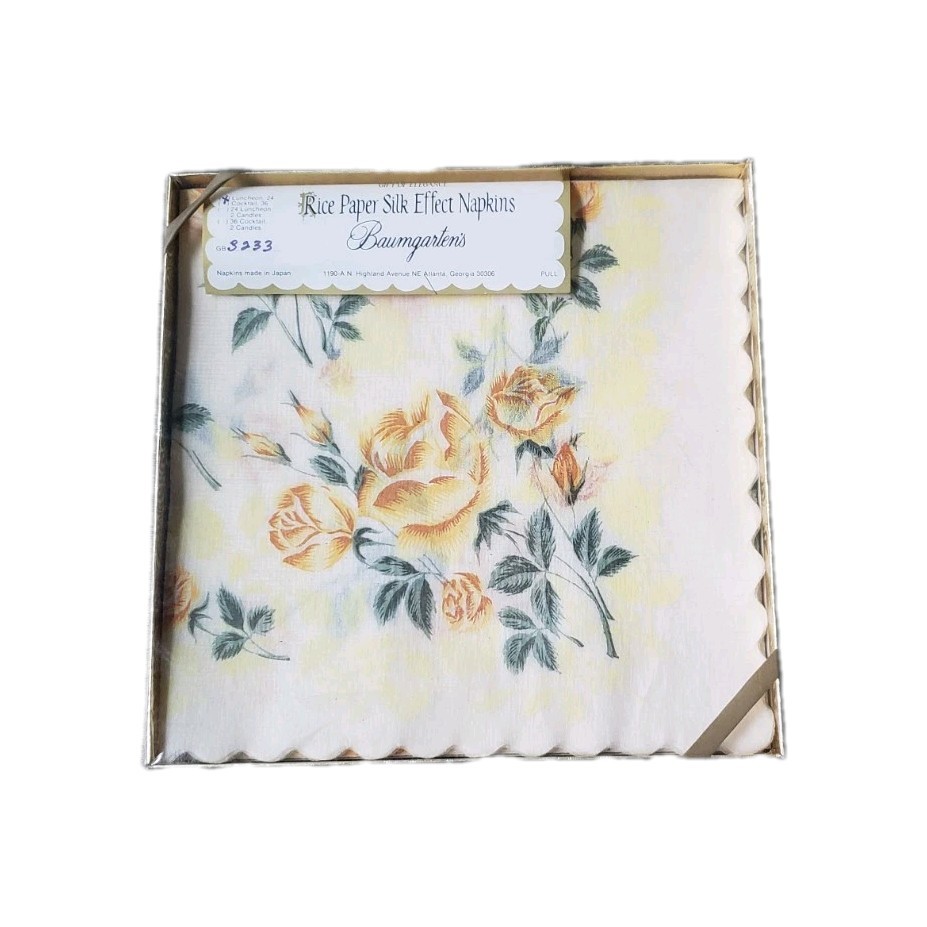 VTG 60s Baumgarten\'s Rice Paper Silk Effect Floral Print 7 Luncheon Napkins MCM