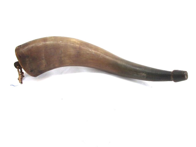 Antique Revolutionary War powder horn, initials B.L. and dated 1775, has a crack