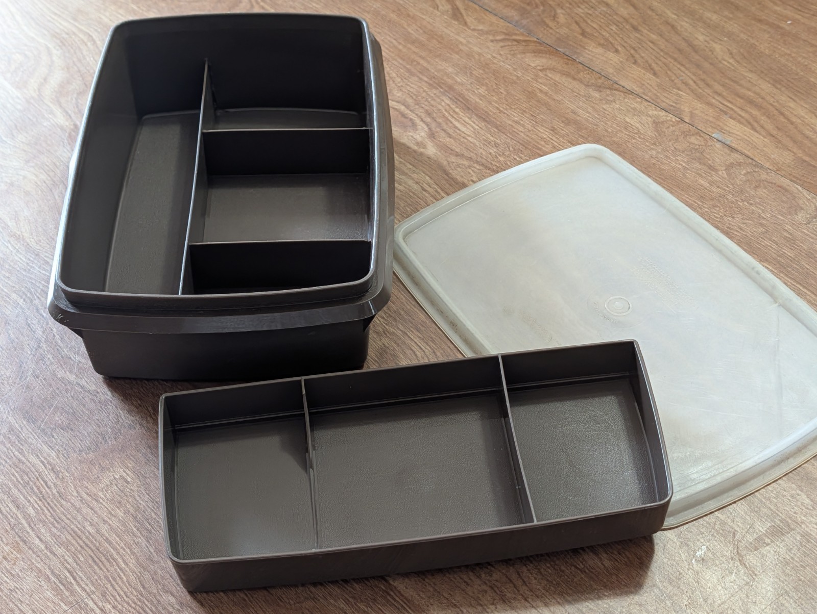 TUPPERWARE vintage brown Stow N Go 3 pc sectioned craft hobby organizer box 767-