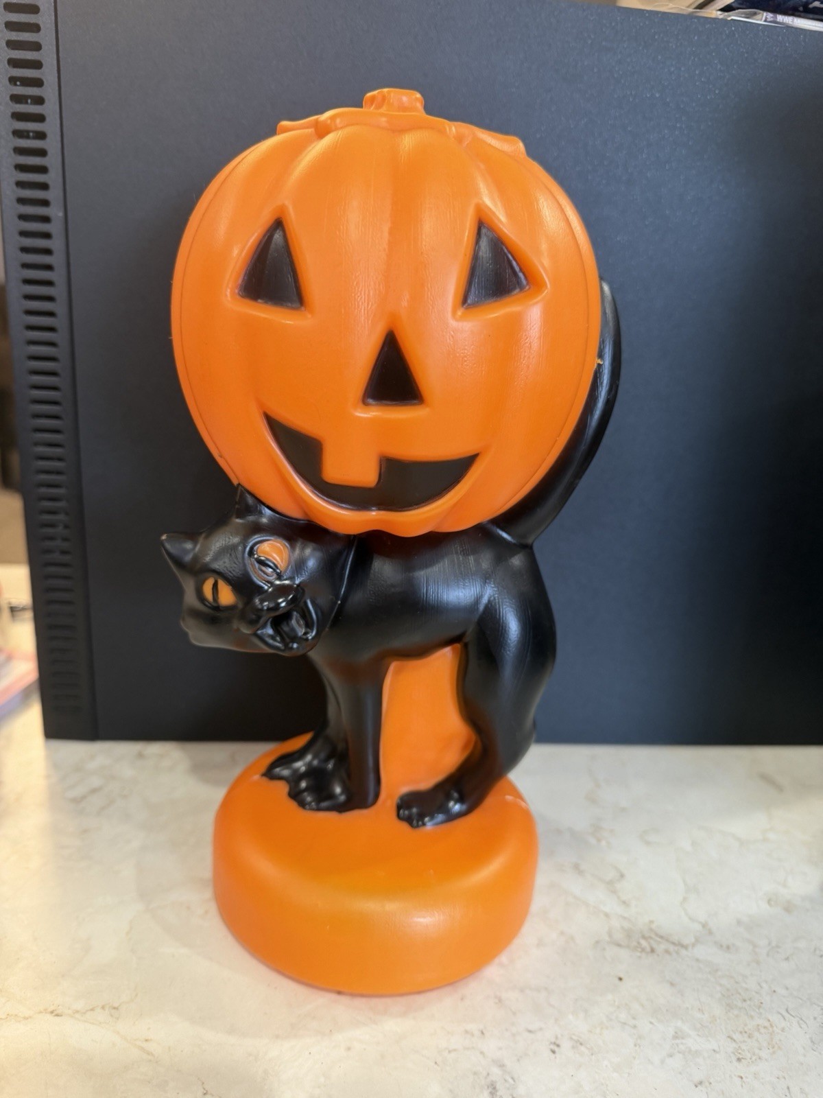Halloween Blow Mold Vintage Style Table Top Black Cat & Pumpkin 11”
