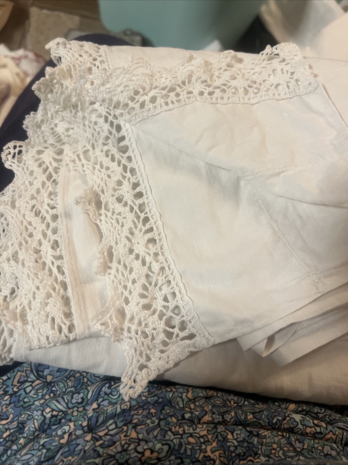 Antique Métis French-Belgian Flat sheet Lace White Fabric Curtain Table Cloth