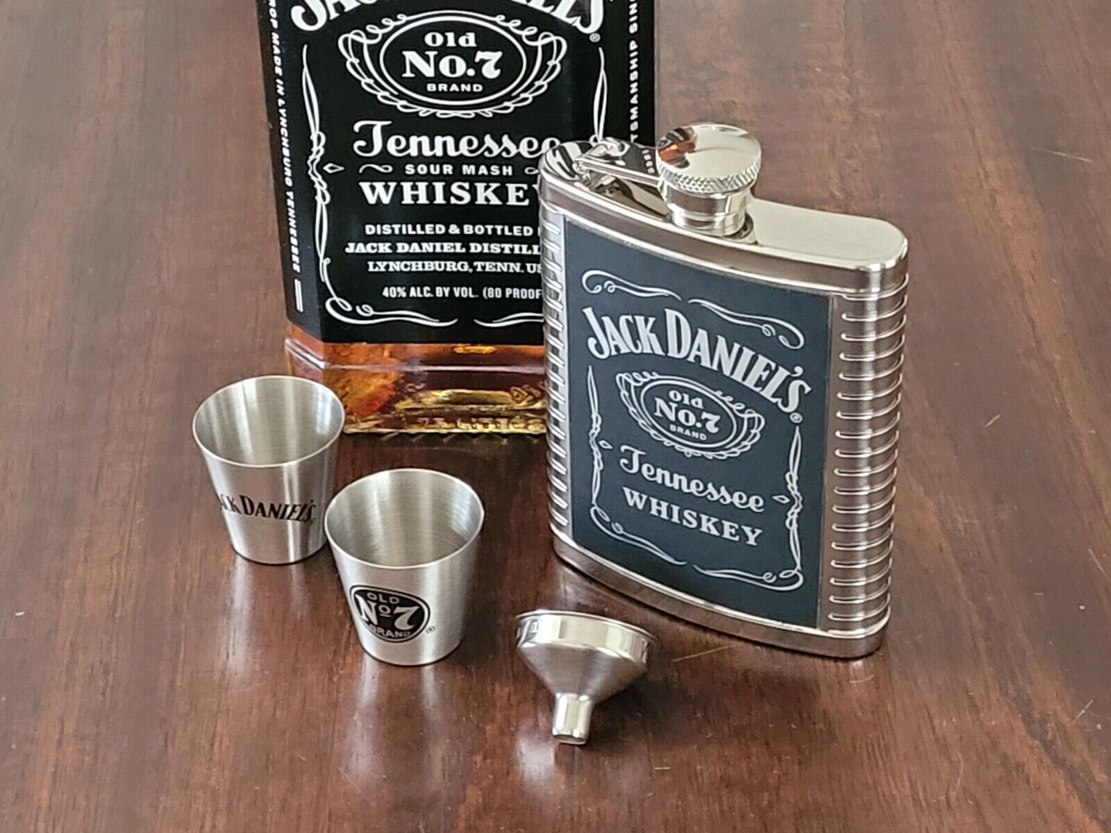 Jack Daniels Flask  2 Shots & Funnel Set - Stainless Steel 6 Oz Flask Shots Set