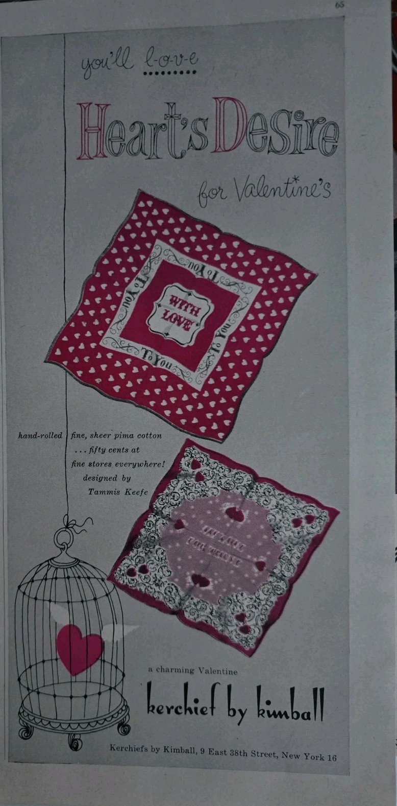 1949 Women's Kimball Hearts Desire handkerchiefs Valentine's Day Vintage ad 