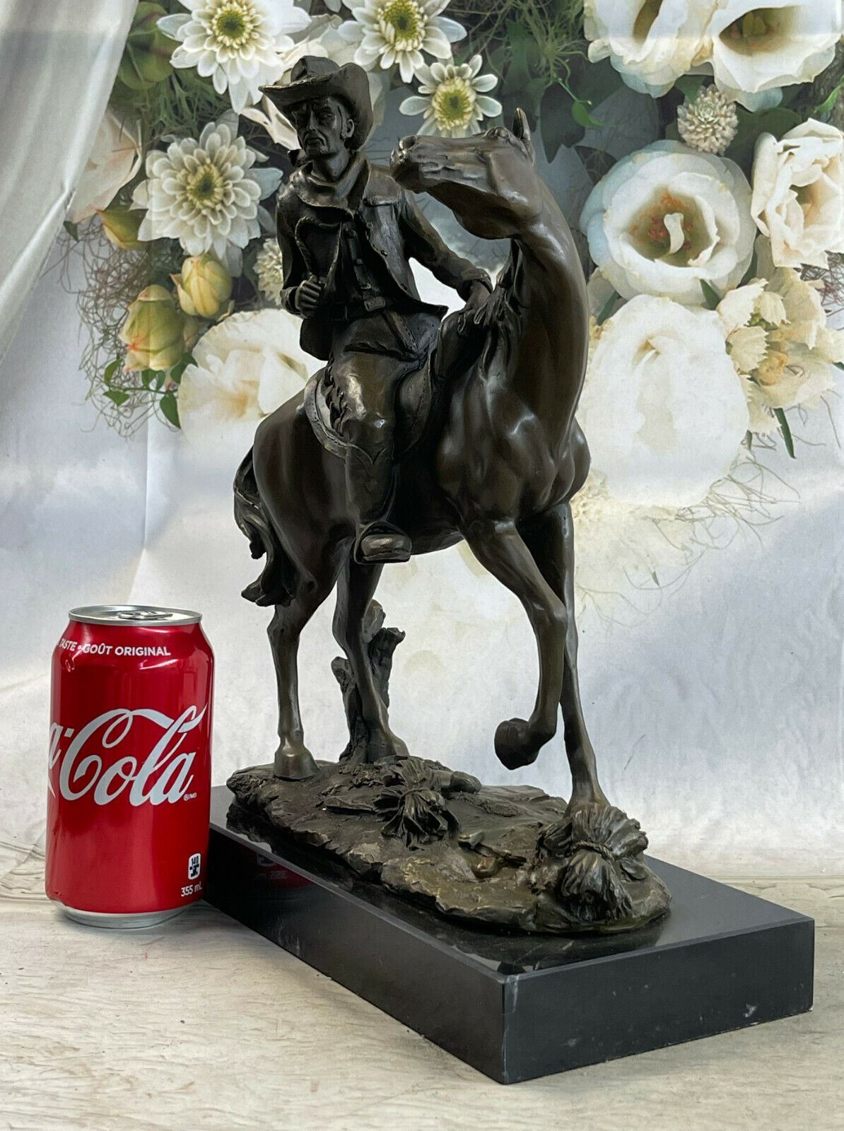 After Remington Cowboy W/ Hat Taming Horse Bronze Sculpture Marble Art Deco ART