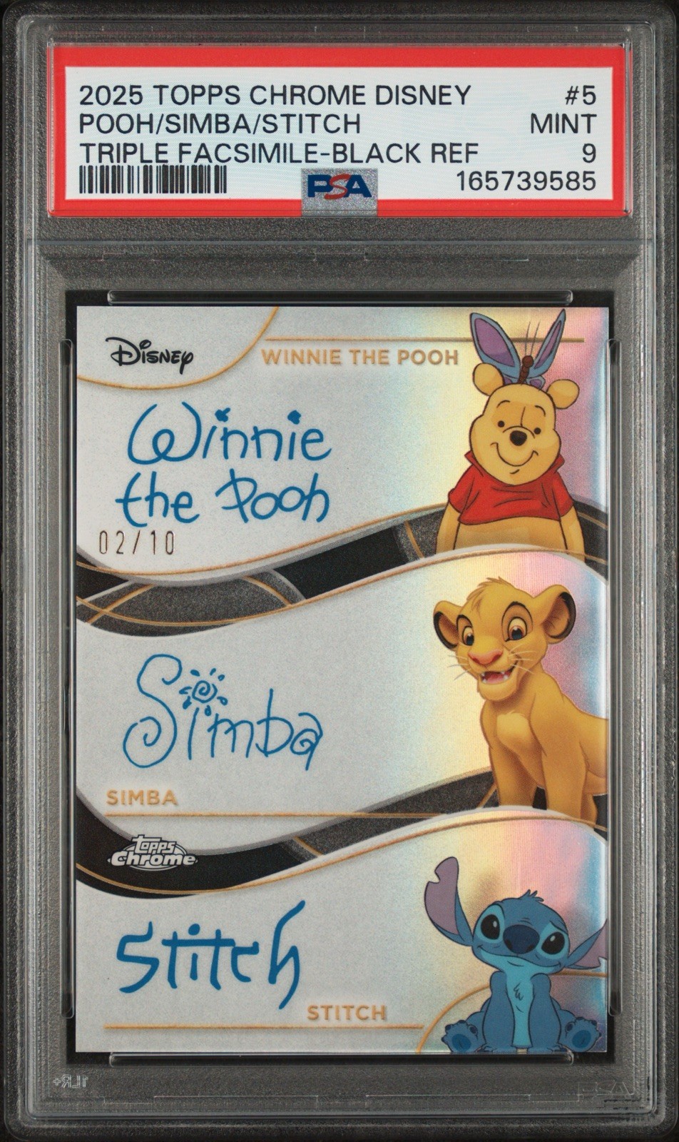 2025 TOPPS CHROME DISNEY BLACK TRIPLE AUTO WINNIE THE POOH, SIMBA & STITCH /10