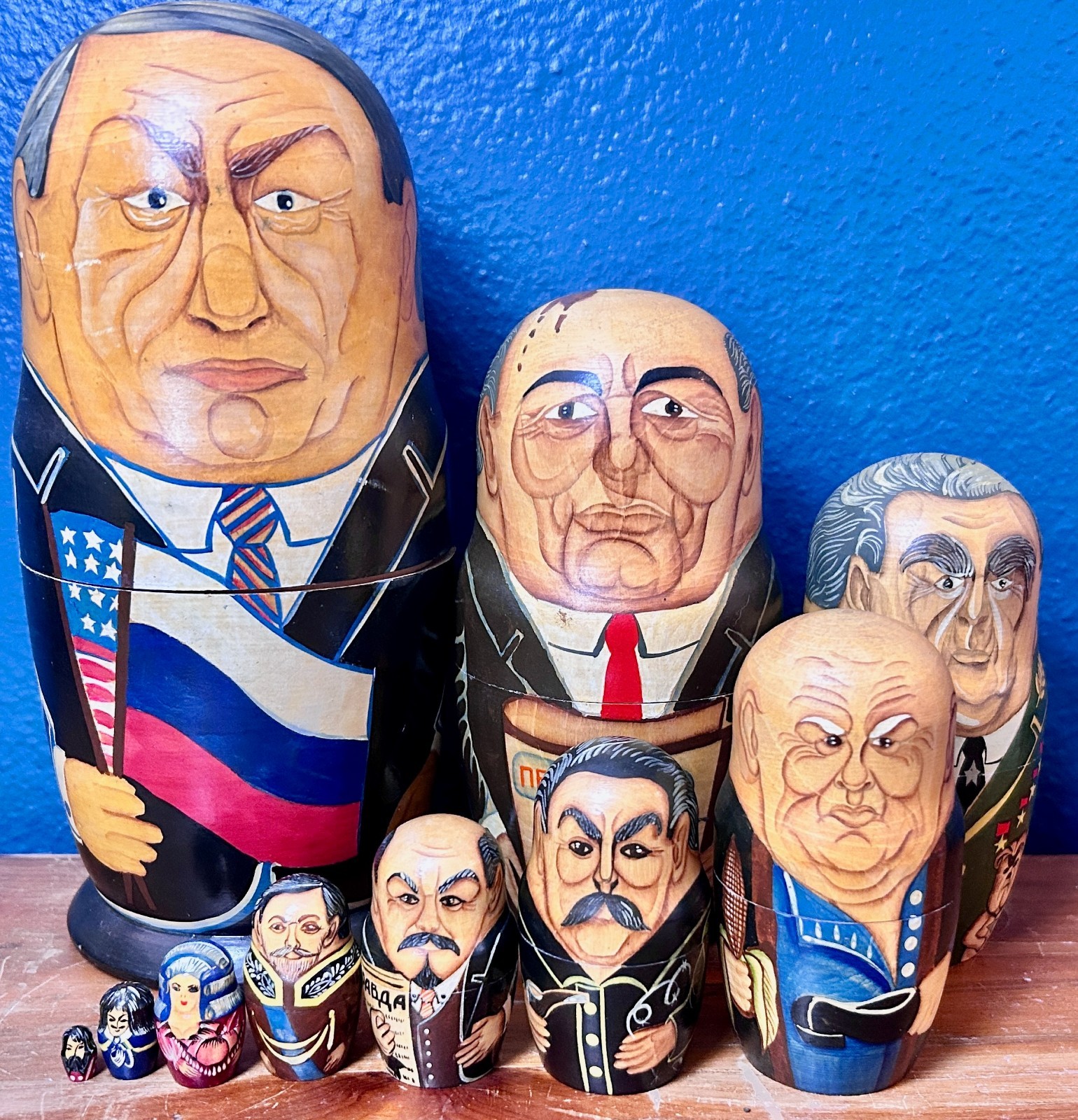 VTG Russian Nesting Dolls 10 Pc Political Leaders Yeltsin USSR Matryoshk History
