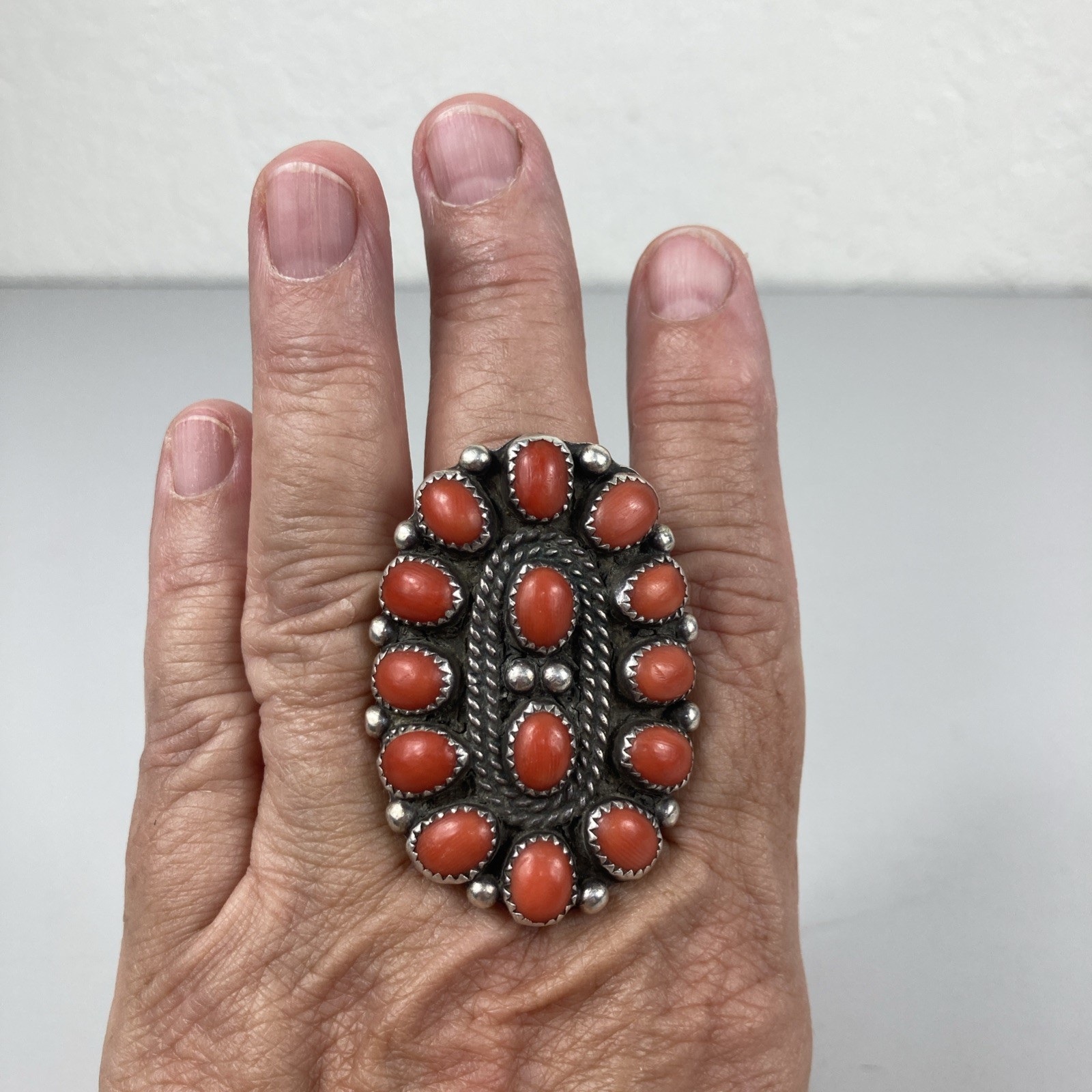 VTG Sterling Silver 14 Red Corals Cluster Ring Signed 2