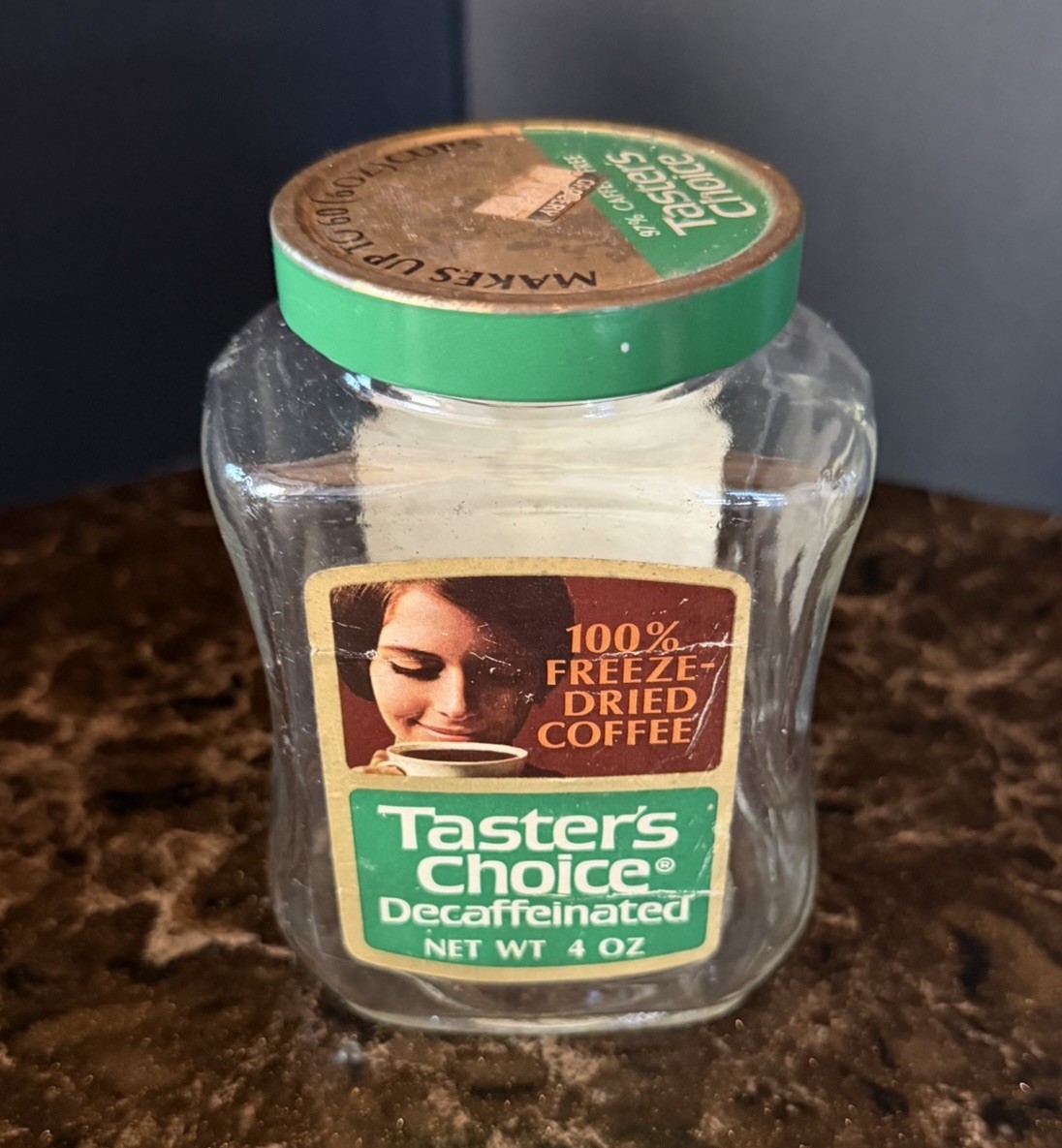 Vintage 1970's Taster’s Choice Decaffeinated Instant Coffee 4oz Glass Jar w/Lid